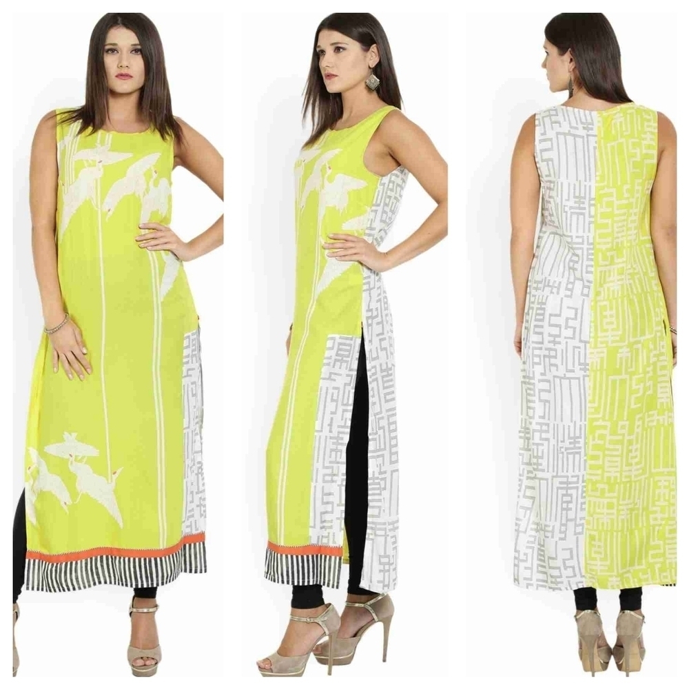 W Woman Primted Straight Kurta Sz 10 Yellow White Birdies Indian Pakistan Tunic - Picture 11 of 12